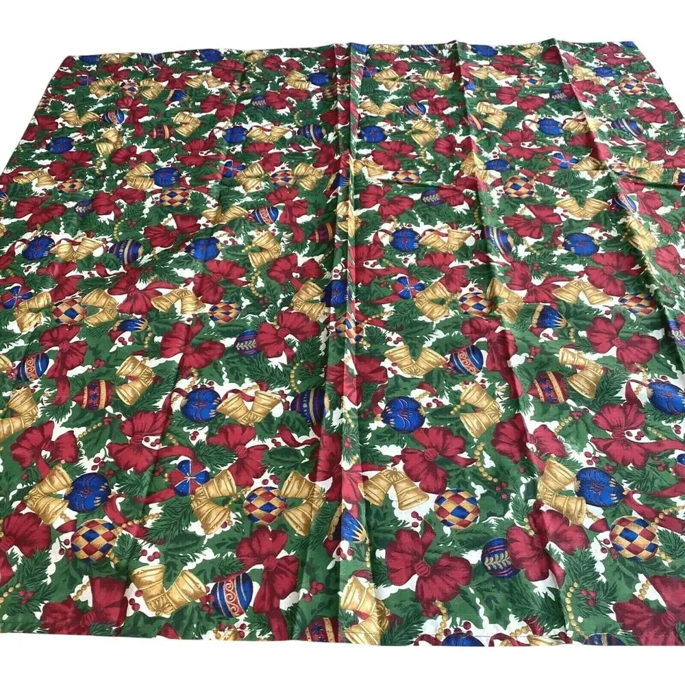 Vintage Christmas Holiday Tablecloth NWOT Colorful 1980's Square Red Gold Blue